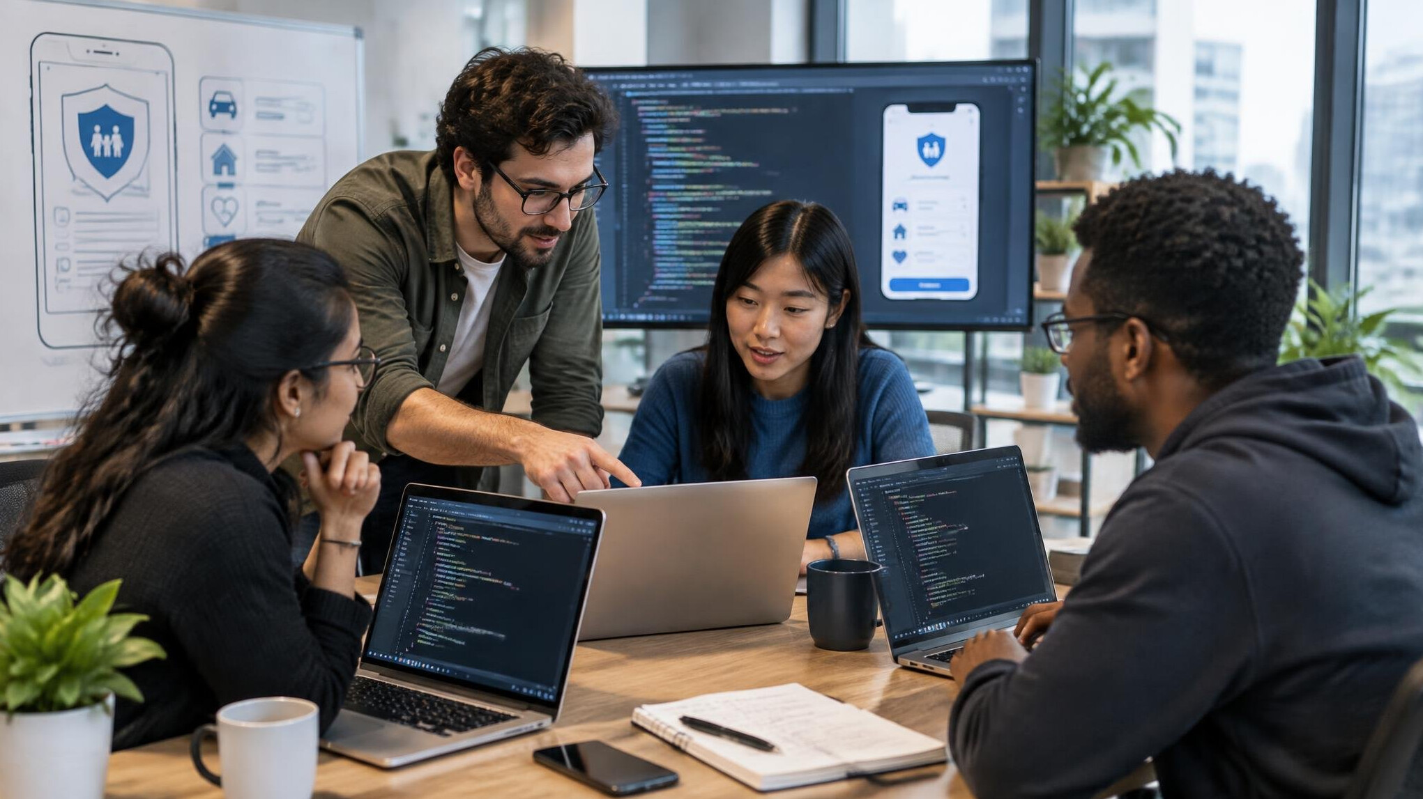 team of developers discussing insurance app