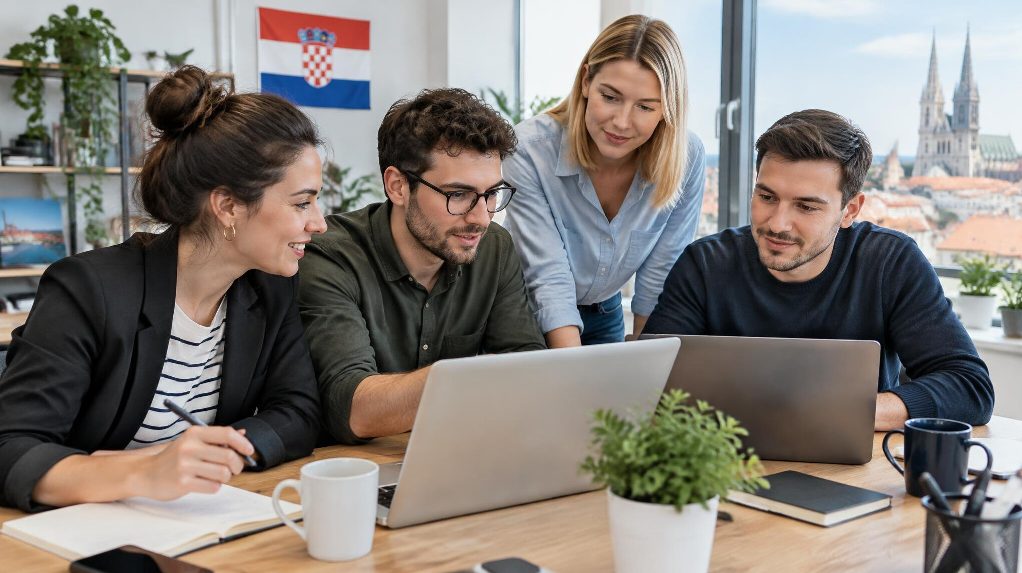 Team collaborating around laptops in an office